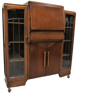Art Deco Furniture | Vintage English Drop Front Secretary Desk With Side by Side Bookcases 