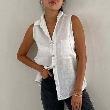 90s linen blouse vest / vintage white woven linen collared sleeveless blouse pocket shirt | M L 