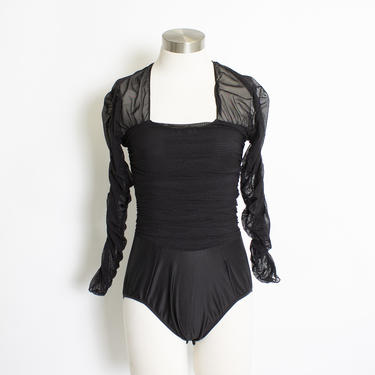 Vintage 90s Body Suit GUY LAROCHE Sheer Ruched Black One Piece Medium M 