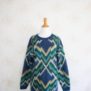 Vintage 80s Chunky Ugly Sweater, 1980s Oversized Mohair Sweater, Geometric, Wool, Fuzzy, Funky 