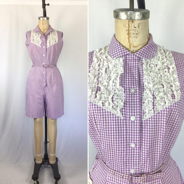 Vintage 50s Playsuit | Vintage purple white gingham playsuit romper | 1950s Princess Peggy  jumper one piece 