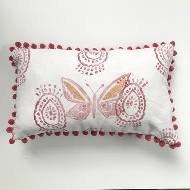 Embroidered Butterfly Pillow in Reds and Oranges