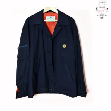 Vintage AQUASCUTUM Blue Wool Red Liner 1970's Mens Short Coat, Medium, Large, 50&quot; Chest, Nautical Navy Blue 