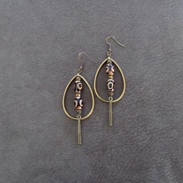 Bronze hoop earrings, bohemian earrings, rustic boho earrings, artisan ethnic earrings, tear drop hoop earrings, Tibetan agate earrings 