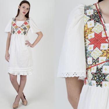 Vintage 70s White Eyelet Dress / Patchwork Quilted Floral Dress / 1970s Prairie Country Bell Sleeves / Womens Star Mini Dress 