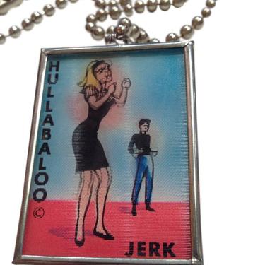 1960'S Vintage MOD Lenticular THE JERK Dancer Necklace, set in metal with a large ball chain!! 