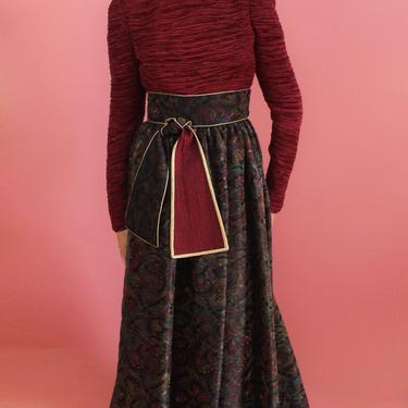 Mary McFadden Couture Belted Jacquard Print Gown 