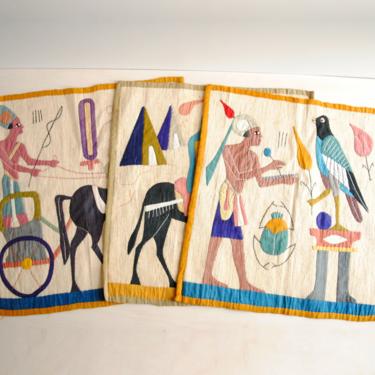 Vintage Egyptian Applique Textile, Set of Three Handmade Folk Art Egyptian Fabric Art Pieces 