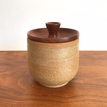 Mid Century Studio Pottery Jar with Turned Wood Lid 