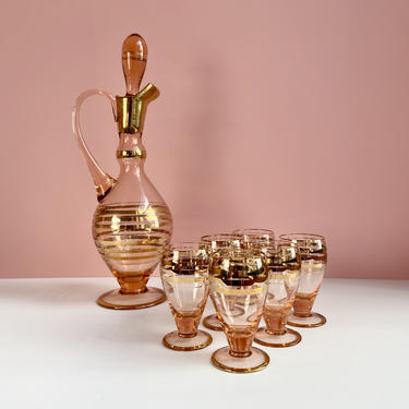 Set of 6 Pink Tinted Glasses with Matching Decanter 
