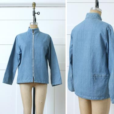 vintage 1970s jean jacket • light blue denim zip front jacket with o-ring zipper pocket 