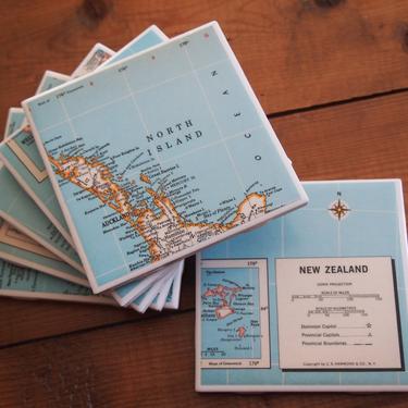 1979 New Zealand Vintage Map Coasters - Ceramic Tile Set of 6 - Repurposed 1970s Hammond Atlas - Handmade - Auckland Christchurch Dunedin 