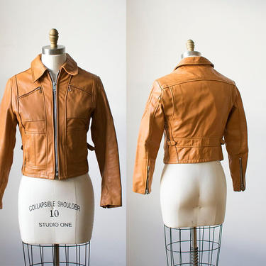Vintage 1960s Leather Jacket / Leather Motorcycle Jacket / Camel Leather Jacket / Tan Orange Leather Jacket XS / Vintage 60s Leather Jacket 