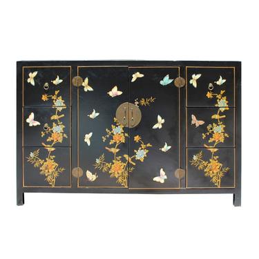 Chinese Black Vinyl Color Flower Butterflies Cabinet Sideboard cs5735S
