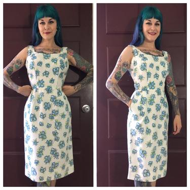 Vintage 1950’s White Wiggle Dress with Blue Floral Print 
