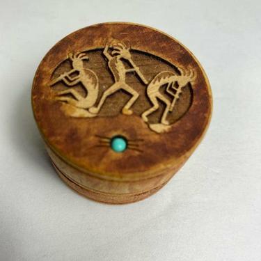 Vintage Kokopelli Native American Carved Wood Ring Trinket Box Small Round Wooden 