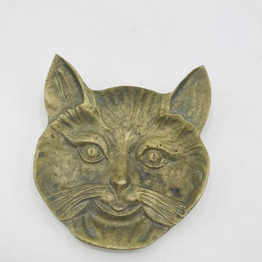 Vintage Brass or Bronze Cat  trinket jewelry coin  tray featuring- face of a Cat- Cat Lover Gift 