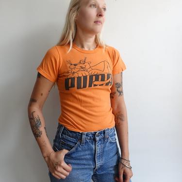 Vintage 70s PUMA T-Shirt/ 1970s Orange Graphic T/ Sneakers Athletic wear/ Single Stitch/ Size XS Small 