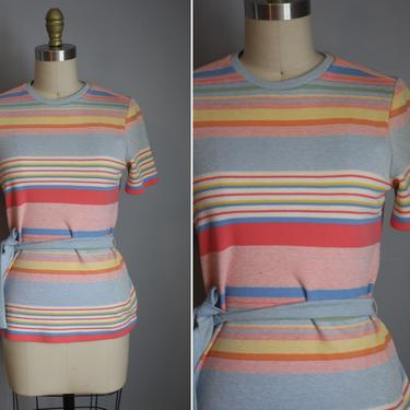 Early 1970s Knit Top // Pastel Stripes // Small 