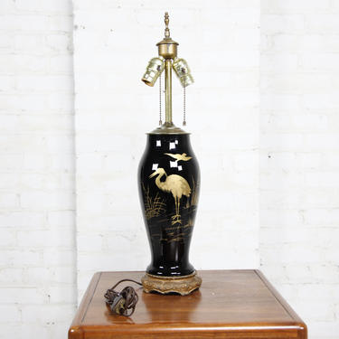 Vintage asian black and gold crane table lamp | Free shipping ONLY in NYC area 