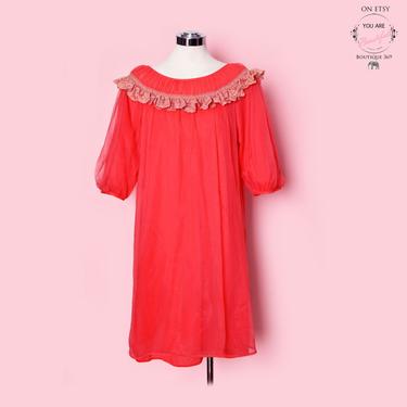 Size Large Vintage Durelle Red Nightgown Nighty Lingerie Nylon Ruffles Peignoir 