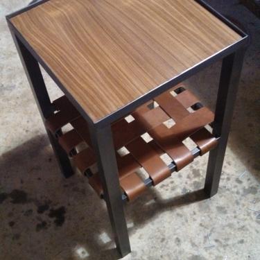 Metal wood and leather end tables 