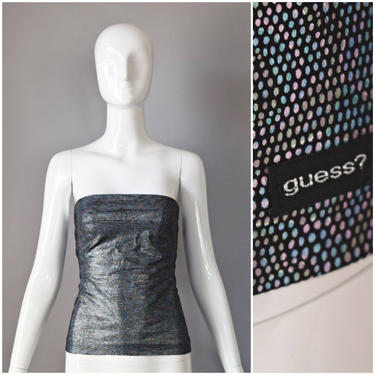 vtg 90s Guess Jeans rainbow metallic speckle spotted strapless tube top | crop retro stretch bodice sleeveless shirt black 2000s M Medium 