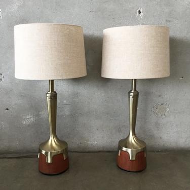 Pair of Mid Century Brass &amp; Wood Lamps