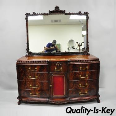 Chinese Chippendale Flame Mahogany Triple Dresser Chest &amp; Mirror Detroit Furn.