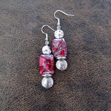 Pink stone earrings, hammered silver earrings,  modern earrings, unique ethnic earrings, mid century earrings, minimalist geometric earrings 