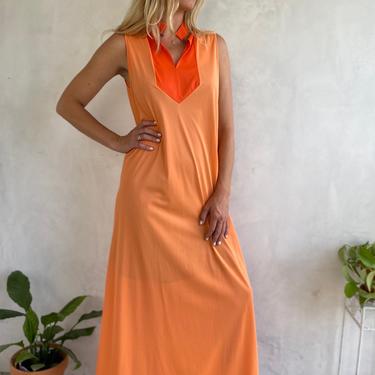 1970’s Vintage Peach Orange &amp; Tan Silky Sleeveless Gown - Resort Festival Wear - Small / Medium 