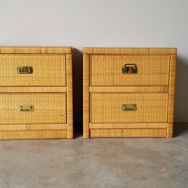 Vintage Dixie Campaign Style Woven Rattan Two Drawers Nightstands - a Pair 