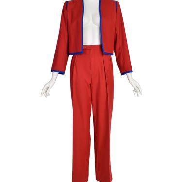 Yves Saint Laurent Vintage Red Wool Blue Trim Two Piece Cropped Jacket Pant Suit