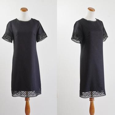 VIntage Mod Dress, Black Shift Dress, Crochet Lace Trim Dress, 60s Dress, Short Sleeve Dress, Medium 