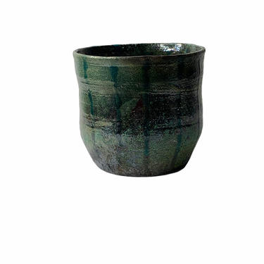 Vintage Studio Pottery Green Iridescent Raku Planter, Signed Lowell 