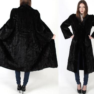 Vintage 70s Black Mink Fur Coat / Plush Shawl Fur Under Collar / Womens Bell Sleeve Long Princess Jacket 