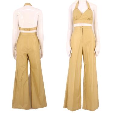 70s bell bottoms outfit set 24-26 / vintage 1970s beige cotton halter top & wide leg bells trousers pants sz 4-6 