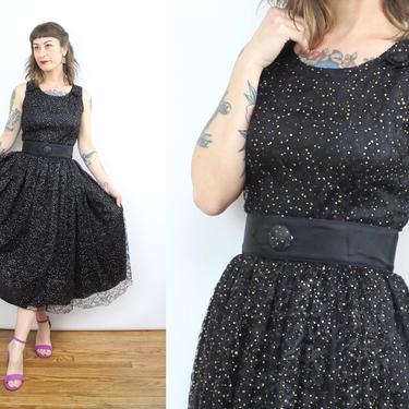 Vintage 80's Black and Gold Glitter Mesh Dress / 1980's Starry Prom Dress / 50's Style / Women's Size Small by Ru