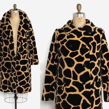 Vintage 60s Giraffe Print COAT / 1960s Velvet Printed Mod Double Breasted Coat 