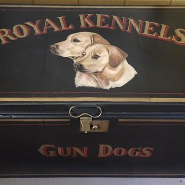 SOLD. English Metal Tack Trunk Blanket Chest Locker | Coffee Table | Hunting Dog Art