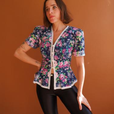 Vintage 80s Floral Puff Sleeve Top/ 1980s Spring Peplum Button Up Blouse/ Size Medium 