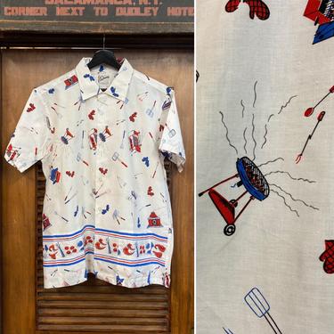 Vintage 1950’s -Deadstock- Size L Atomic BBQ Barbecue Cotton Rockabilly Shirt, 50’s Pop Art, 50’s Rockabilly, Vintage Top, Vintage Clothing 