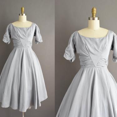 vintage 1950s dress | Gorgeous Chambray Blue Sweeping Full Skirt Cocktail Party Dress | XS Small | 50s vintage dress 