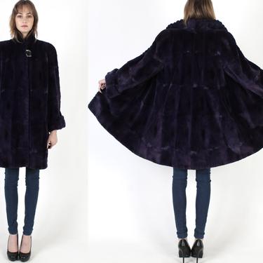 Vintage 80s Dark Purple Sheared Coat Real Fur Sweeping Overcoat Swing Jacket 