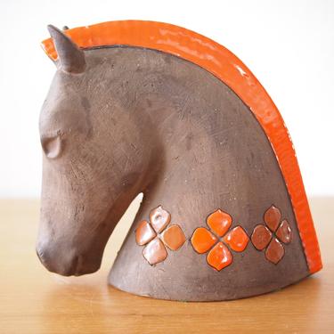 Rare Vintage BITOSSI HORSE HEAD Aldo Londi 10&amp;quot; Brown Orange Quadrifoglio Ceramic Pottery Sculpture Mid-Century Modern Italy raymor eames era 