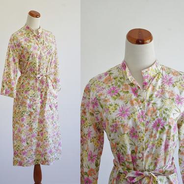 Vintage Women's Shirtdress, 60s House Dress, Stand Up Collar Long Sleeve Shift Dress, Cottage Core Dress, 1960s Day Dress, Medium Large 
