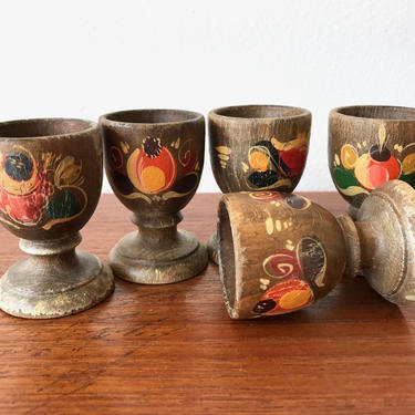 70's Boho Mini Cup Set of 5 - Small Wooden Egg Cup Set w Flowers - Small Hand Painted Wood Espresso Coffee Mini Cup - Egg Cup - Shot Goblets 