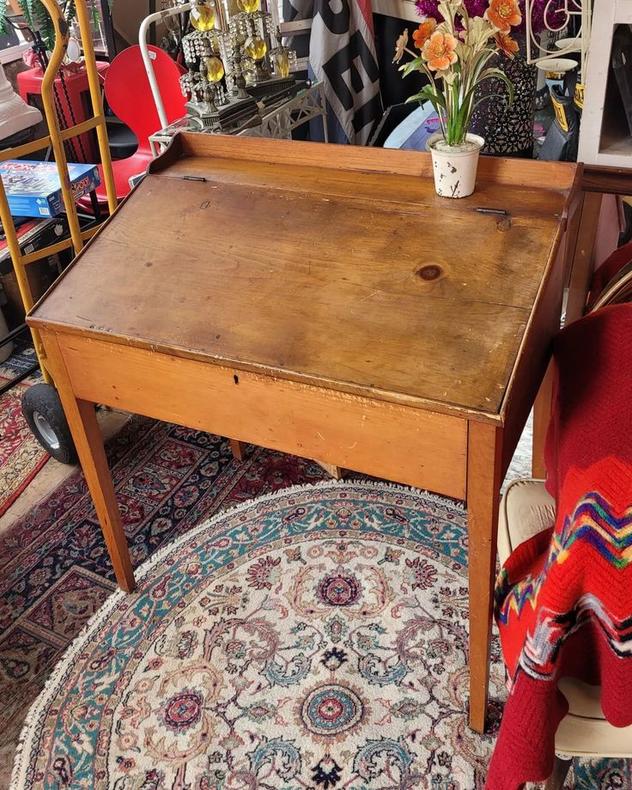 Vintage Pine Schoolmasters Desk. Hinged top lifts for drawer and storage space.
