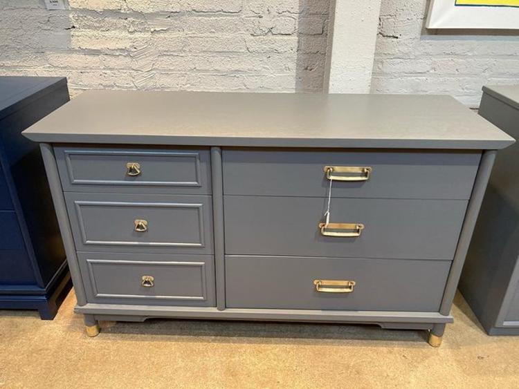Pretty grey painted 6 drawer mid century dresser. 54” x 19” x 31.5” 