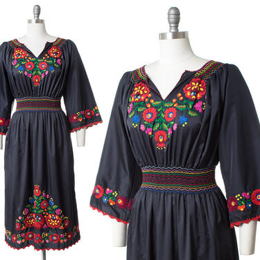 Vintage Peasant Dress | Floral Embroidered Navy Blue Silky Smocked Dress (xs/small) 